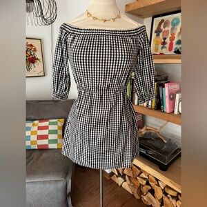 H&M Black and White Checkered Gingham Off-Shoulder Mini Dress